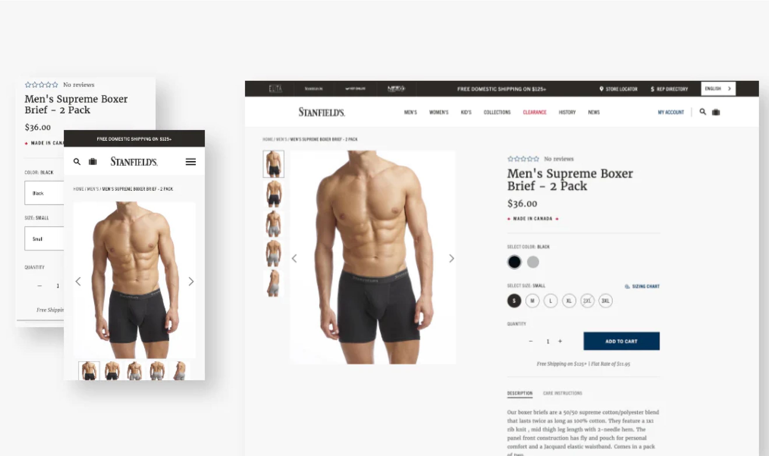 Desktop and mobile screenshots of Stanfield's PDP
