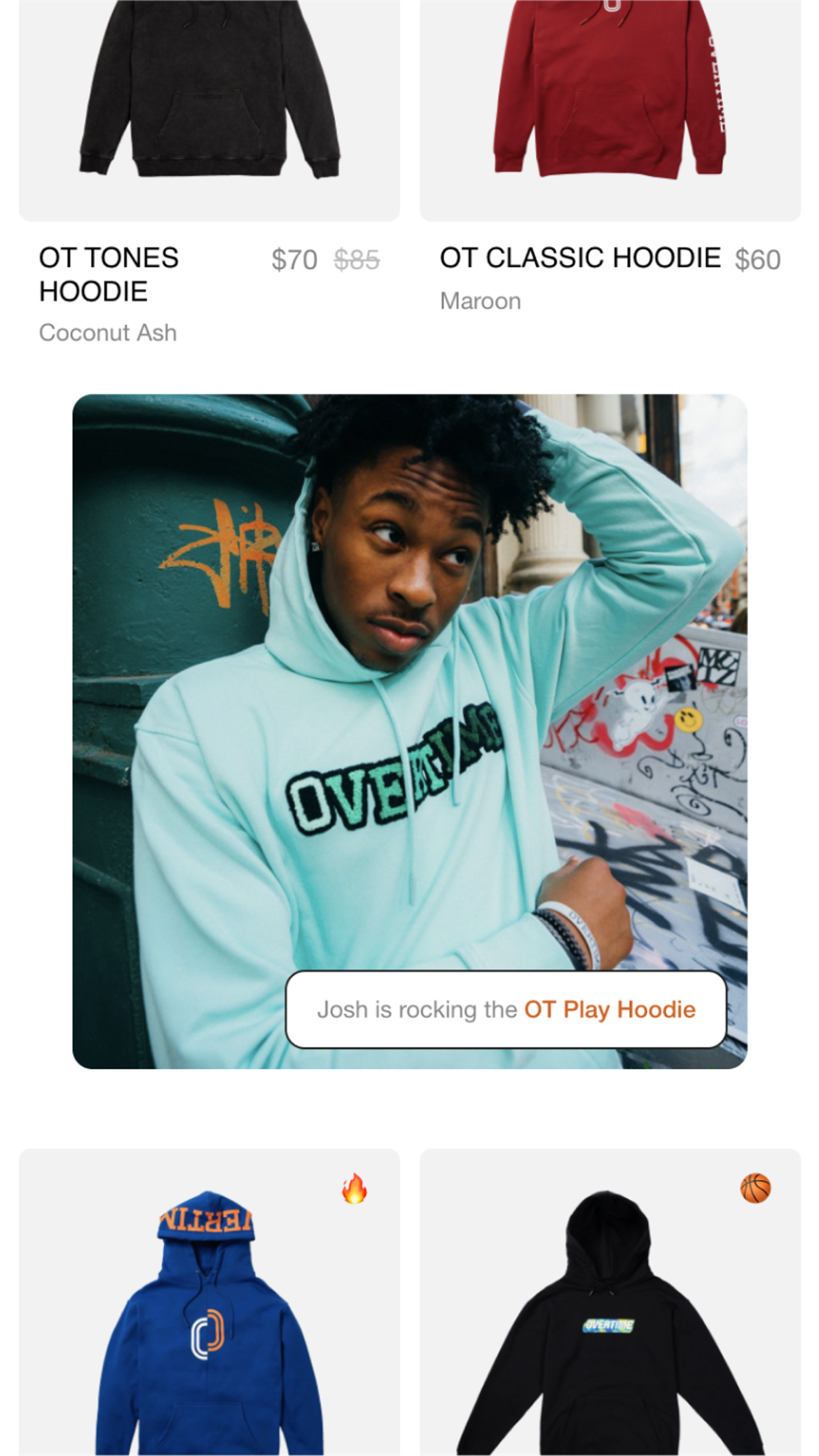 Mobile screenshot of Overtime's in-grid content blocks
