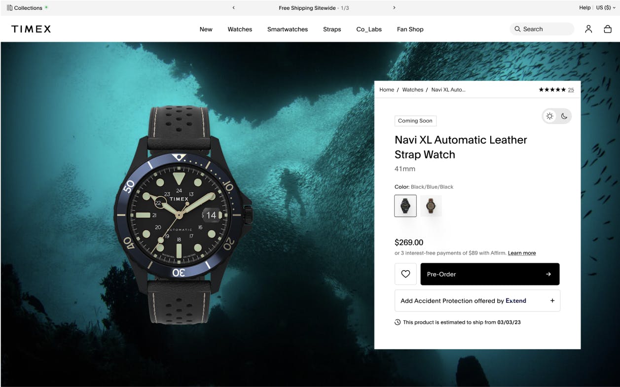 Desktop screenshot of the product page on Timex's site
