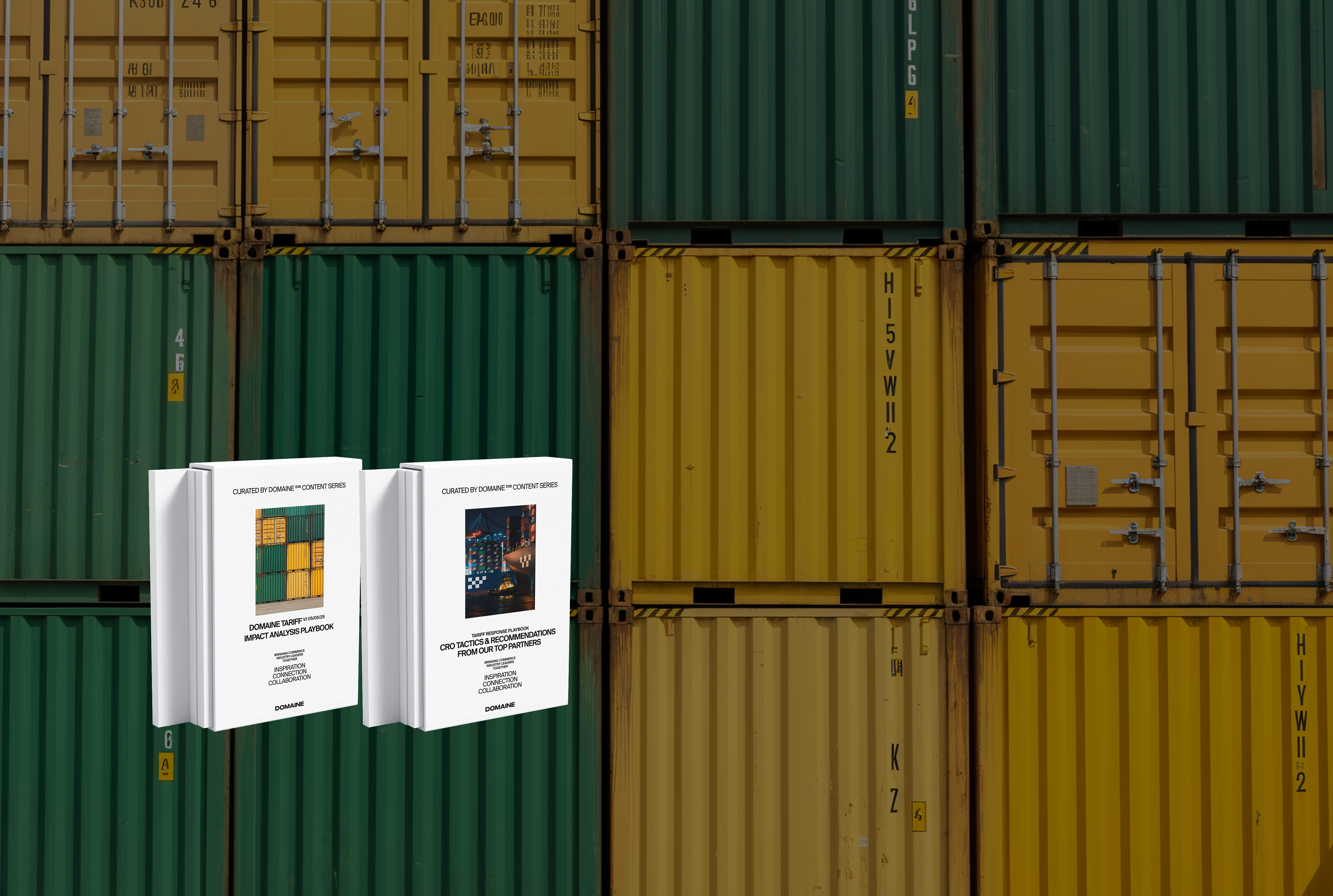 Green and yellow stacked shipping containers with 2 tariff playbooks superimposed