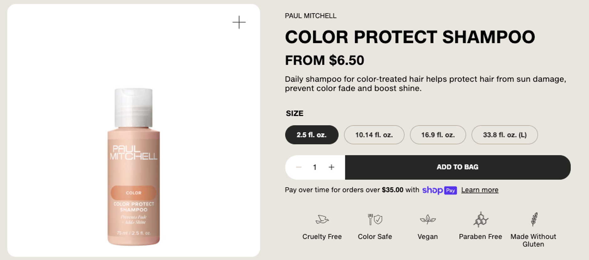 Paul Mitchell Product Display Page showing different icons to show product benefits to customers