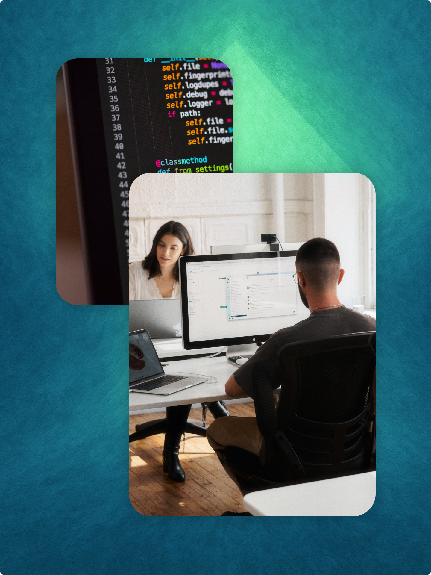 Close-up of code on a screen and a photo of people working on a desk, over and abstract background