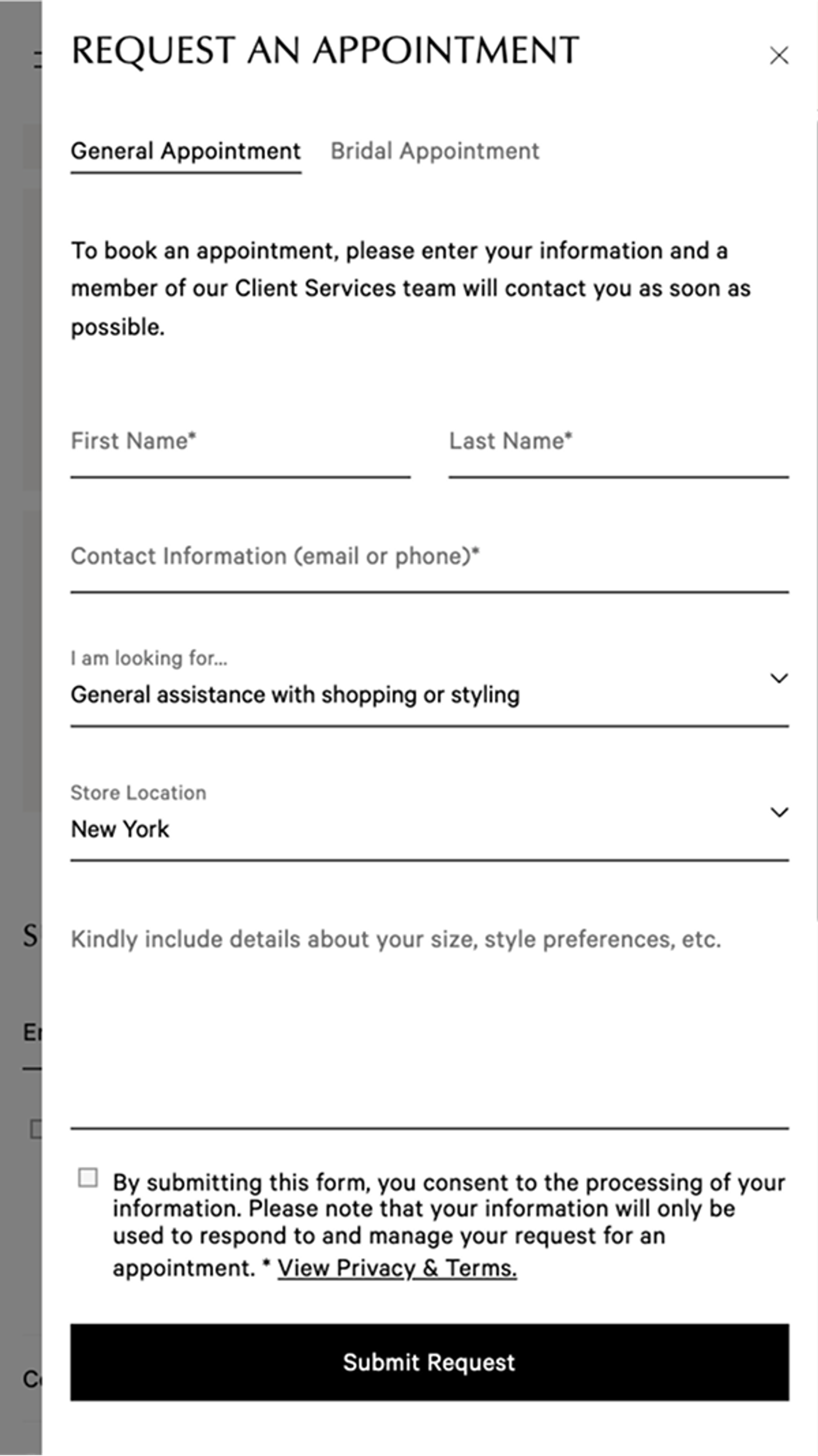 Request an appointment site screenshot