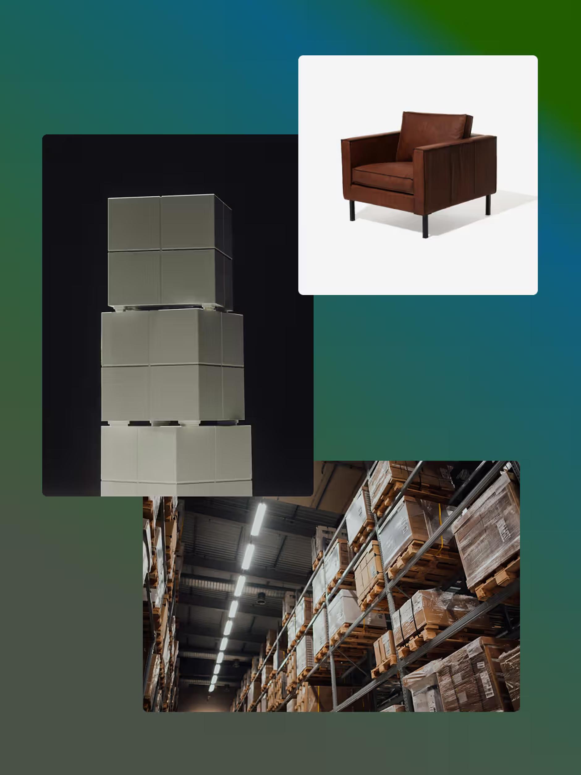 a chair, stacked boxes, and pallets on shelves in a warehouse.