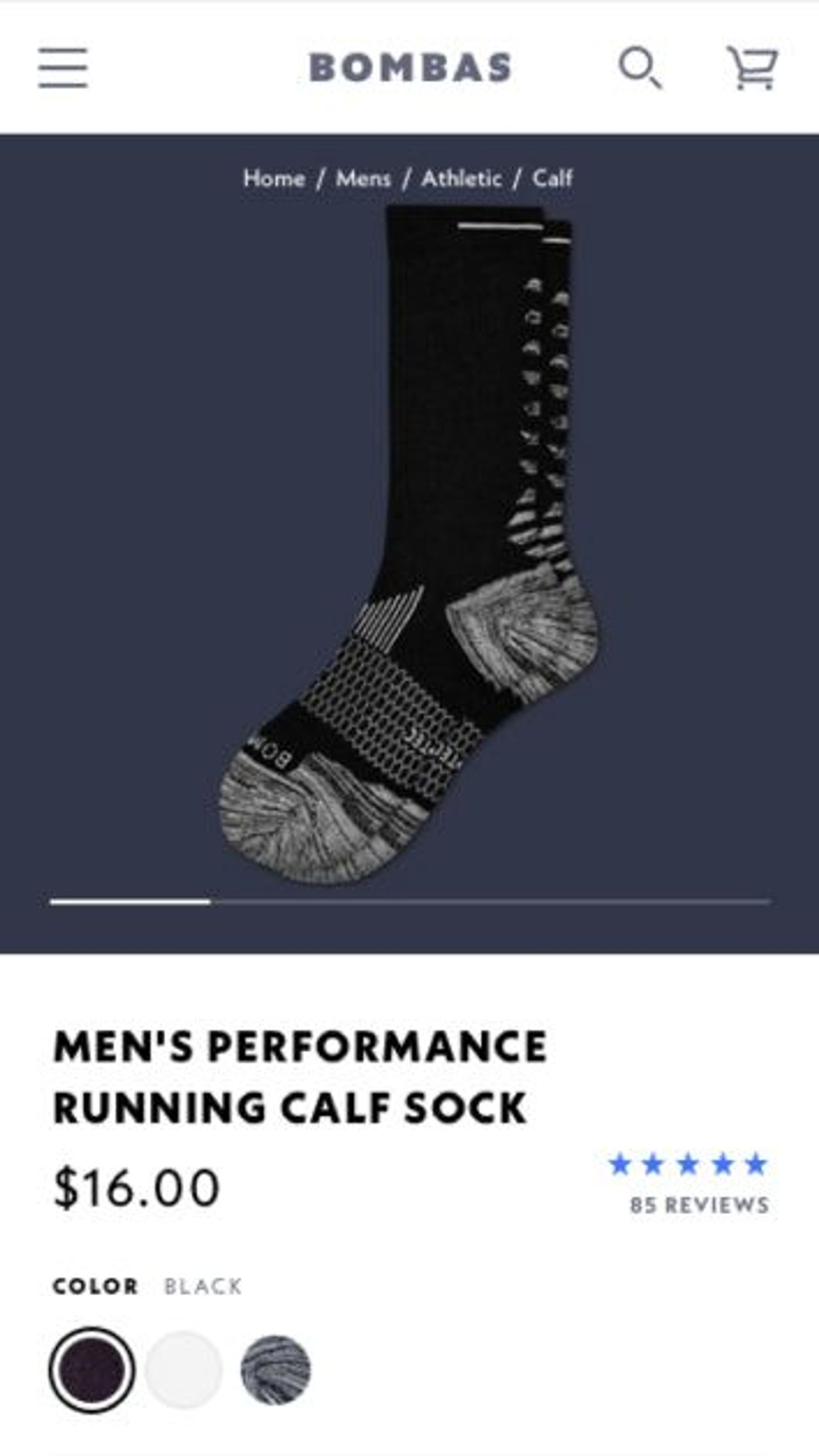 Mobile screenshot of Bombas' PDP image gallery