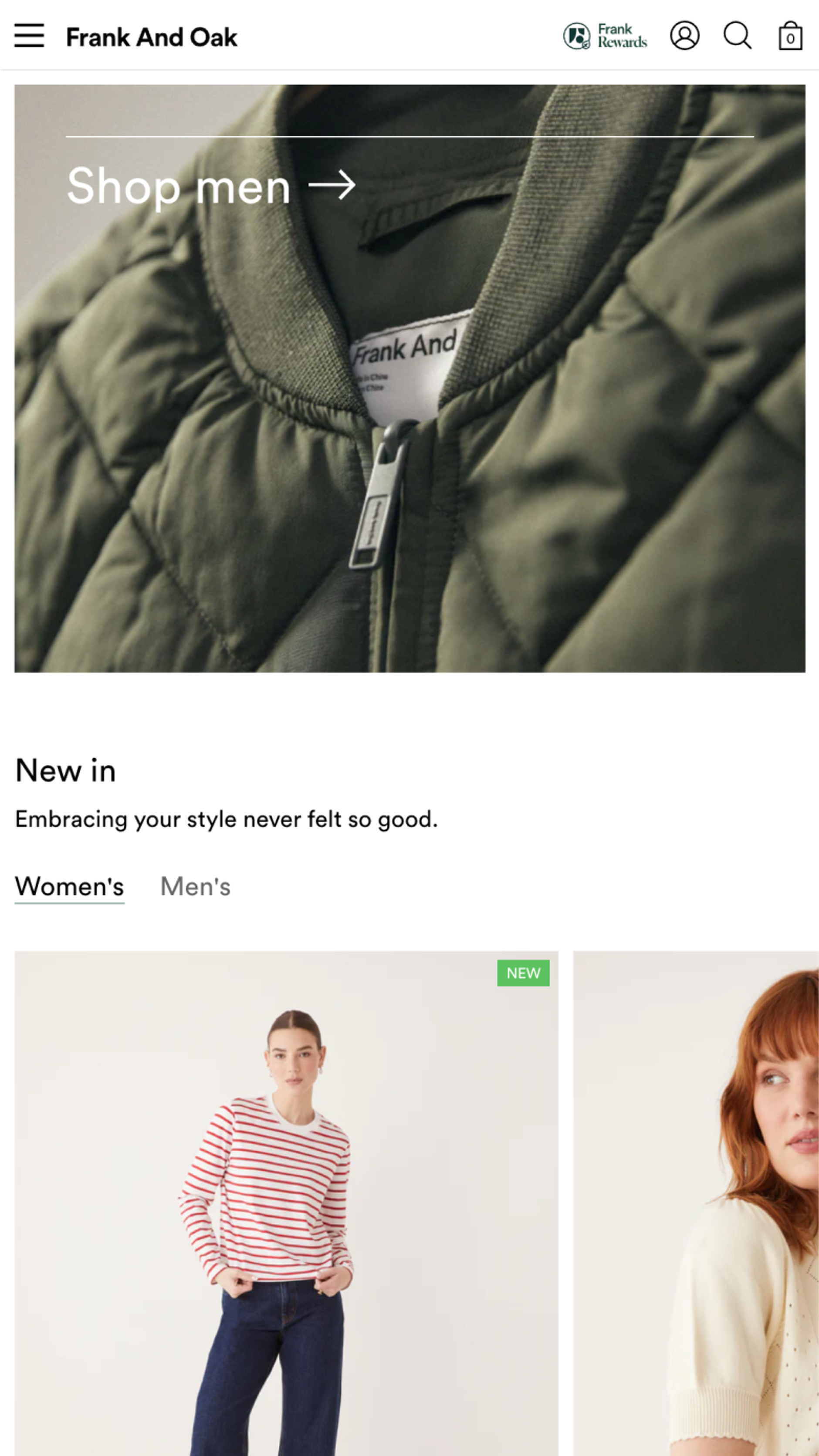 Mobile screenshot of Frank and Oak's PLP for new products