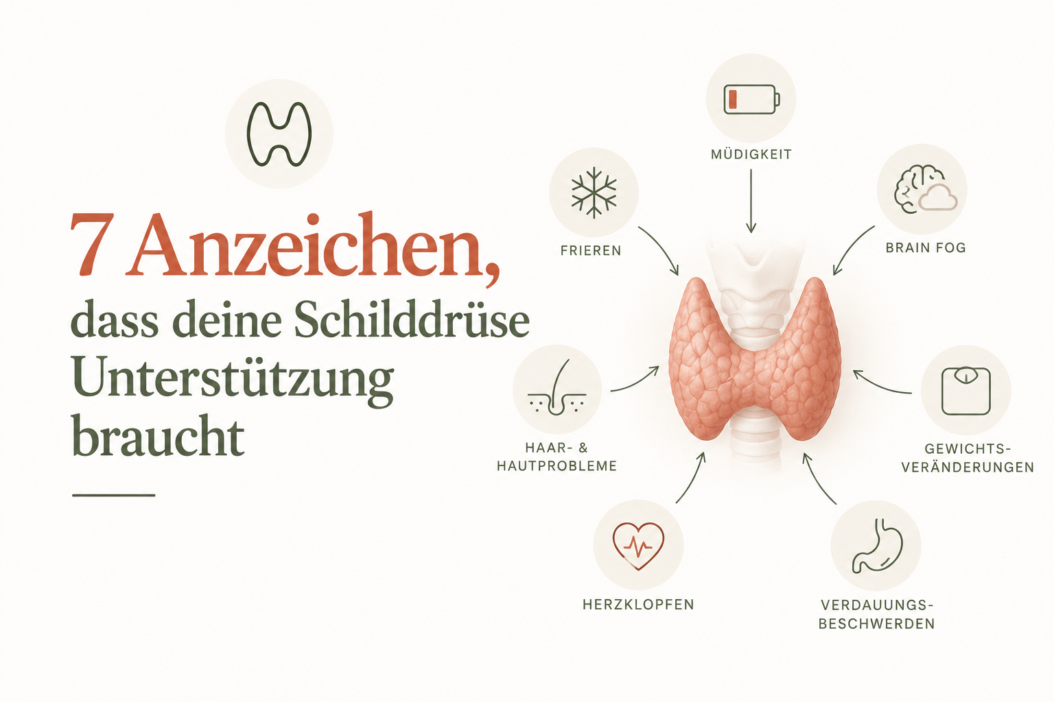 7 Anzeichen, dass deine Schilddrüse Unterstützung braucht – Schaubild einer Schilddrüse mit möglichen Anzeichen wie Müdigkeit, Frieren, Brain Fog, Gewichtsveränderungen, Haar- und Hautproblemen, Herzklopfen und Verdauungsbeschwerden.
