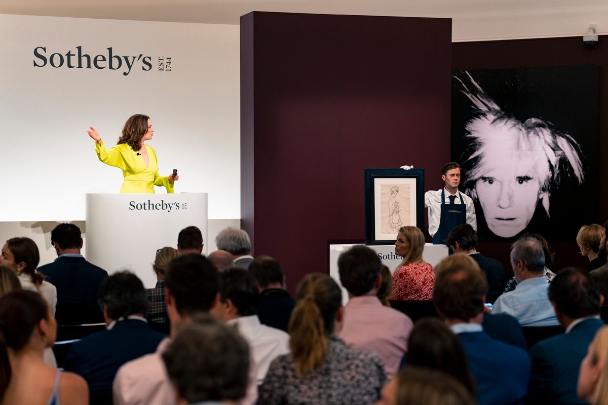 Helena Newman fielding bids as part of the Modern and Contemporary Auction at Sotheby's on 29 Wednesday. Courtesy, Sotheby's