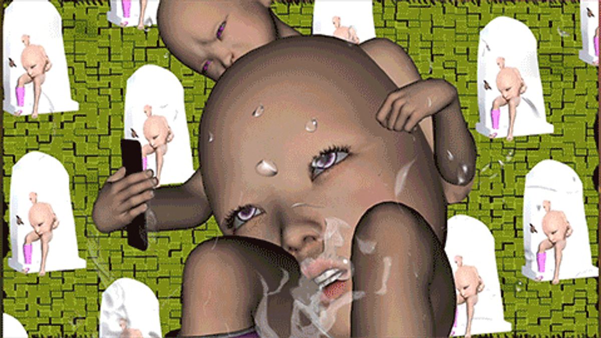 Wednesday Kim’s delightfully bizarre doll GIF with a vomiting head for a belly 