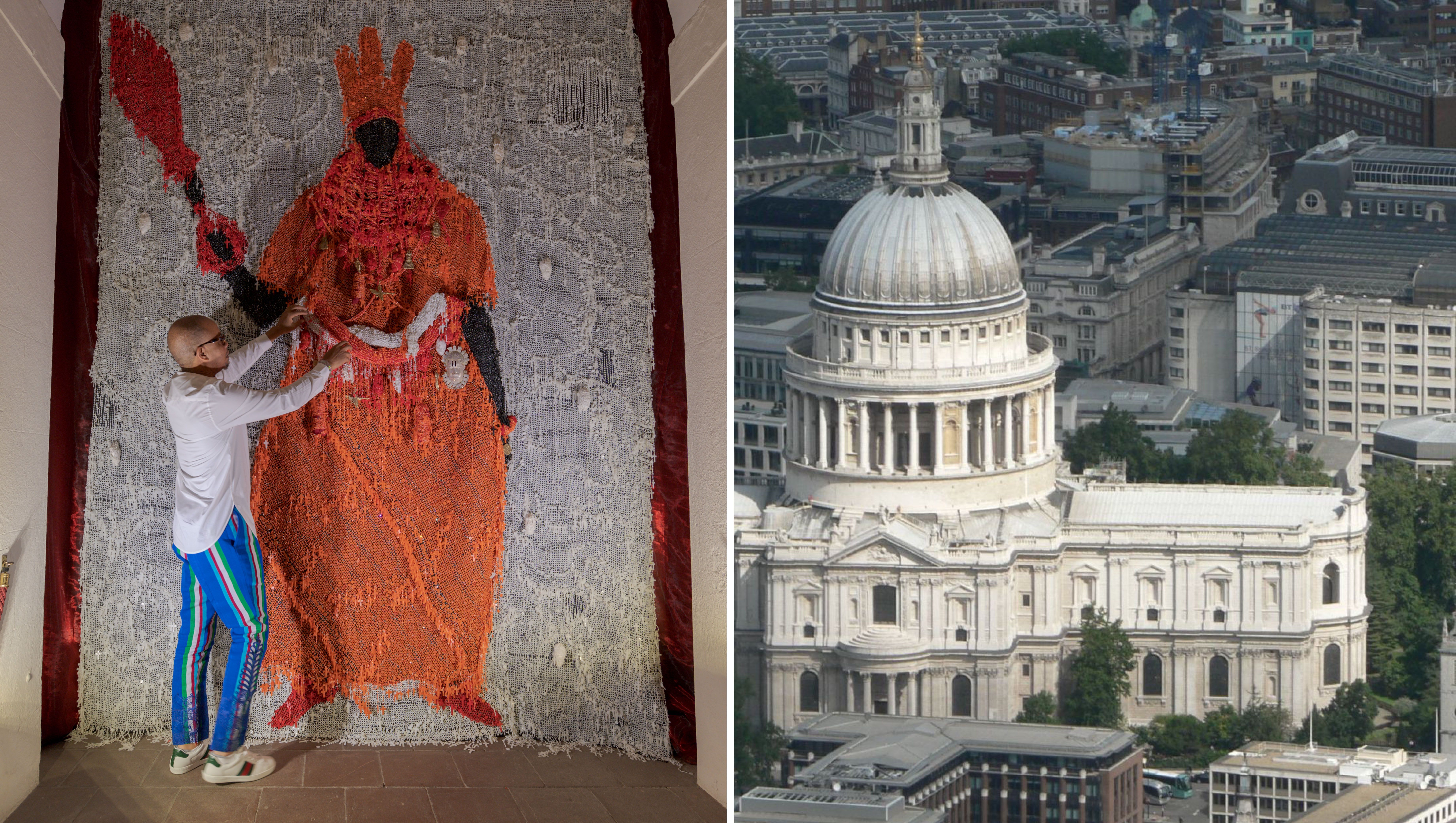 Nigerian artist Victor Ehikhamenor's work Still Standing (left) is part of the cultural commissioning series 50 Monuments in 50 Voices, a collaboration between St Paul's Cathedral (right) and the University of York. Ehikhamenor: Graham Lacdao / Chapter of St Paul's Cathedral; cathedral: Mark Fosh