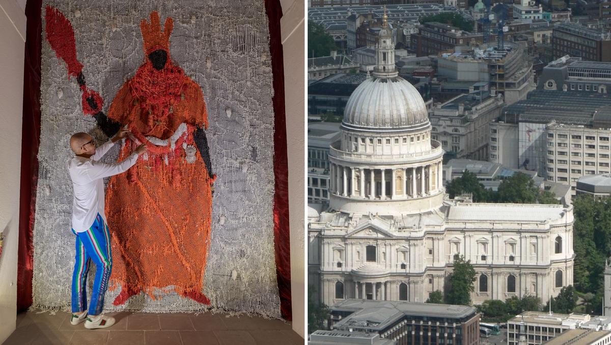 Nigerian artist Victor Ehikhamenor's work Still Standing (left) is part of the cultural commissioning series 50 Monuments in 50 Voices, a collaboration between St Paul's Cathedral (right) and the University of York. Ehikhamenor: Graham Lacdao / Chapter of St Paul's Cathedral; cathedral: Mark Fosh