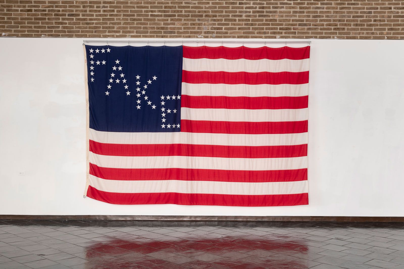 Daniel Bejar's Rec-elections (False Flag), an 8- by 12-foot American flag based on Abraham Lincoln’s 1864 re-election campaign banner 