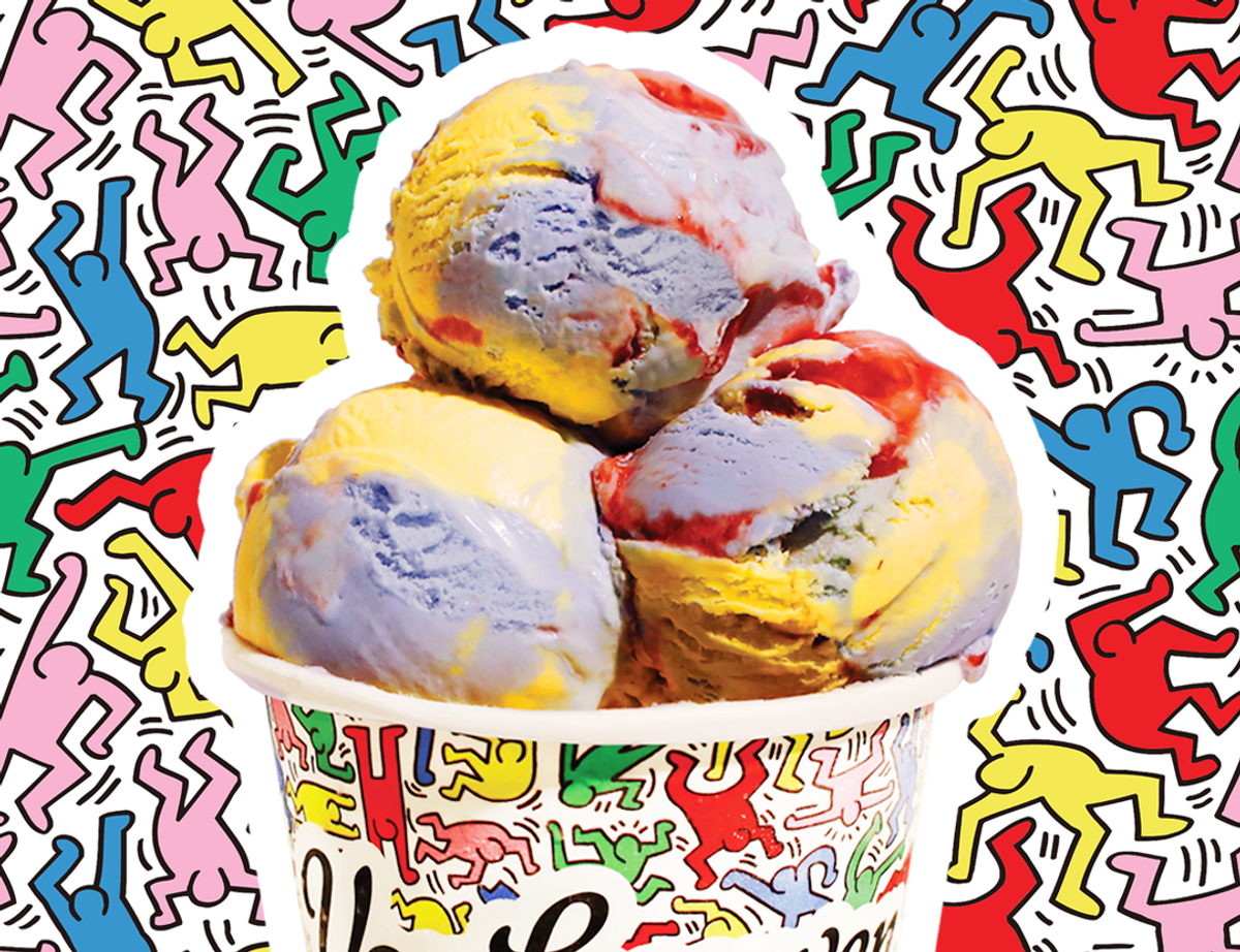 Van Leeuwen's new Keith Haring flavour is a blend of blue raspberry, yellow passion fruit and strawberry jam. Courtesy Van Leeuwen Ice Cream, the Keith Haring Foundation and Artestar