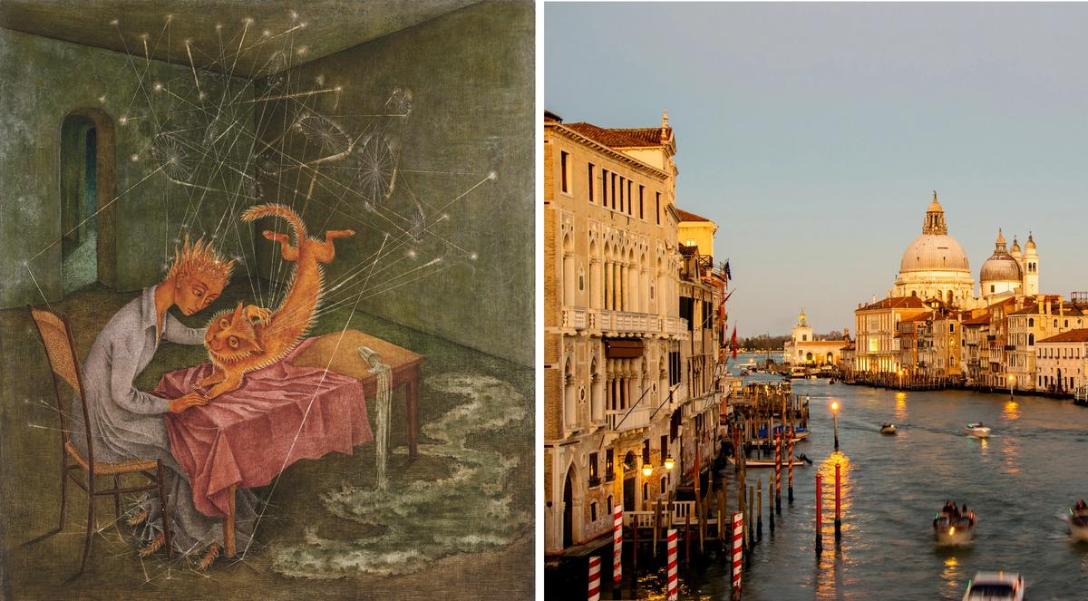 More than 80% of the artists being exhibited in the Venice Biennale 2022 are women, including the 20th-century Surrealist artist Remedios Varo whose work Simpatía (La rabia del gato) (1955, left) will go on show. Varo: Collection Eduardo F. Costantini, Buenos Aires. © Artists Rights Society (ARS), New York; Venice: Dana Andreea Gheorghe on Unsplash