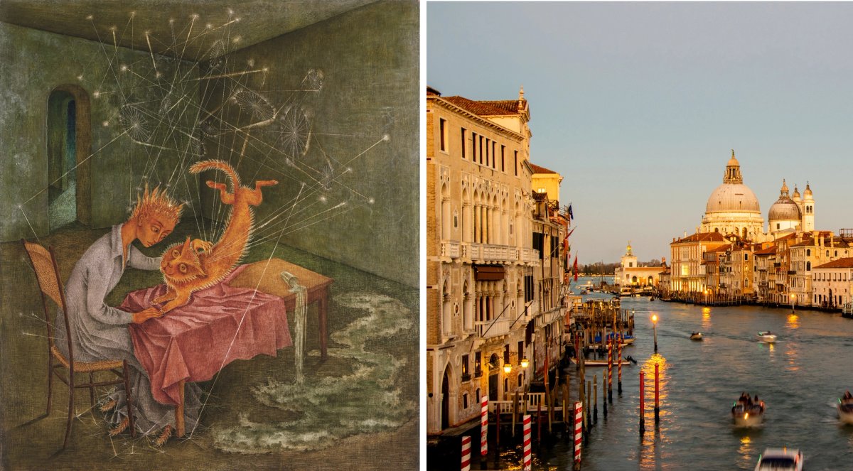More than 80% of the artists being exhibited in the Venice Biennale 2022 are women, including the 20th-century Surrealist artist Remedios Varo whose work Simpatía (La rabia del gato) (1955, left) will go on show. Varo: Collection Eduardo F. Costantini, Buenos Aires. © Artists Rights Society (ARS), New York; Venice: Dana Andreea Gheorghe on Unsplash