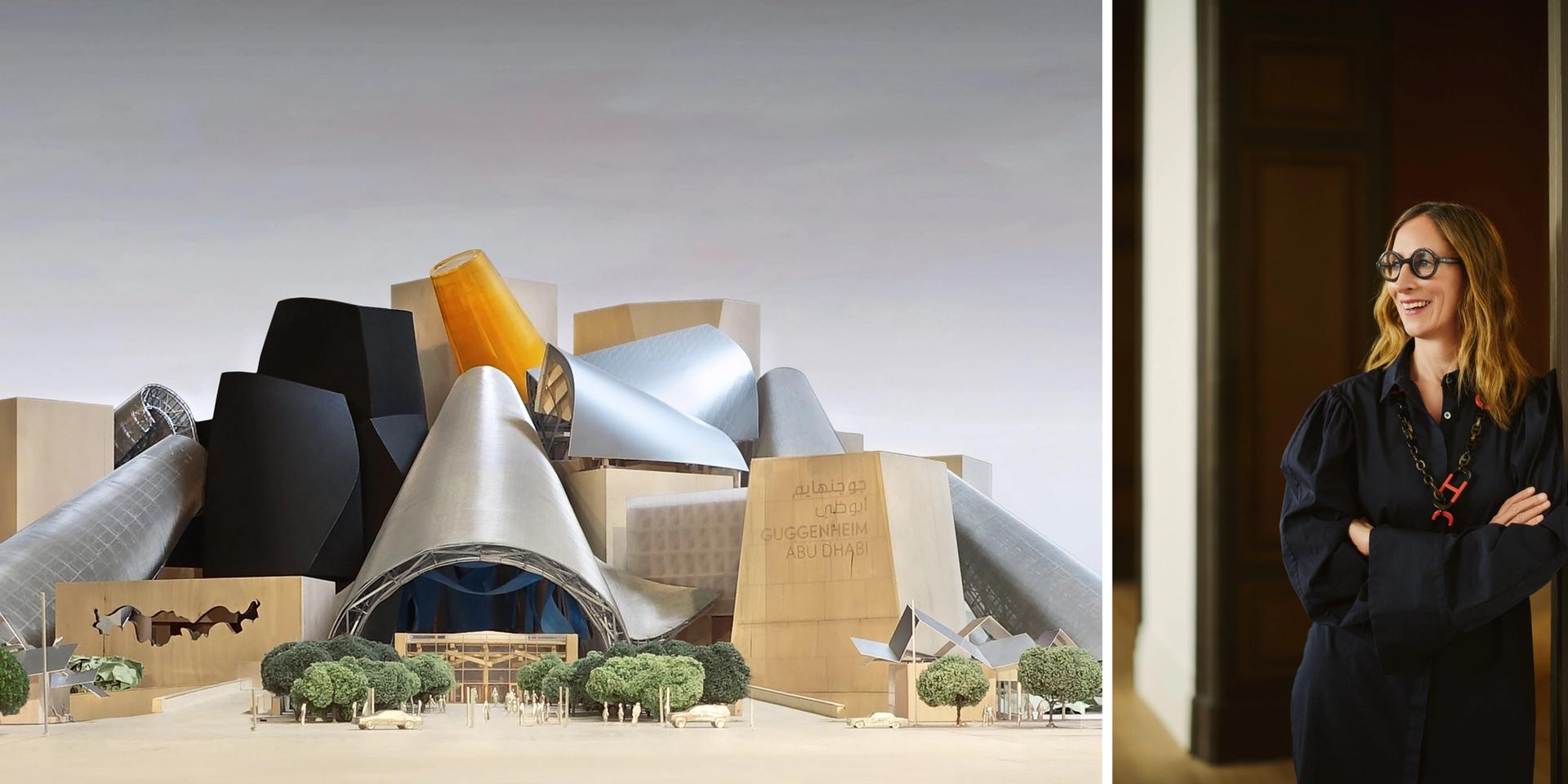Stephanie Rosenthal (right) will oversee the final stages of the construction of the Guggenheim Abu Dhabi (left) Rendering of the Frank Gehry-designed Guggenheim Abu Dhabi. Image Courtesy of Gehry Partners, LLP