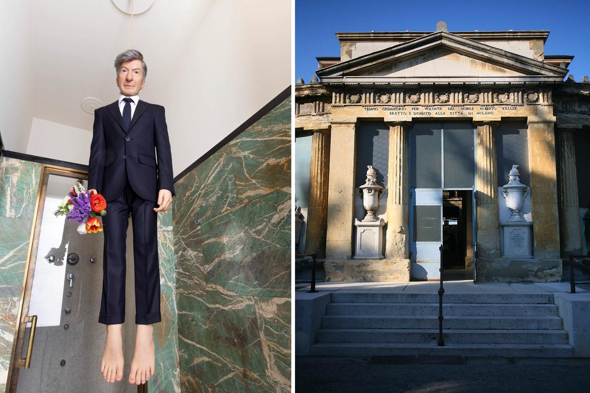 Cattelan's single-work project You, at Massimo de Carlo gallery in Milan (left), features a dummy of the artist hung with a noose from the ceiling. His work commemorating Milan's 1993 terrorist attack will go on show in the city's Monumental Cemetery (right). Cattelan: Courtesy of the artist and Massimo de Carlo; Cemetery: Paolobon140