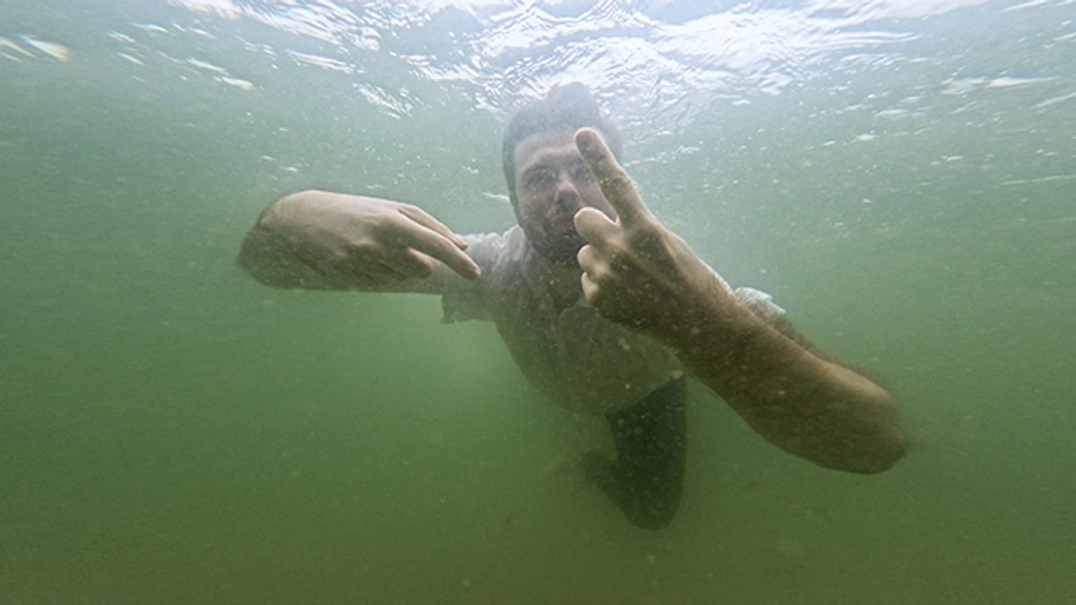 Artist Bogna Burska, during the filming of Liquid Tongues in a Warsaw swimming pool

Photo: Magda Mosiewicz


