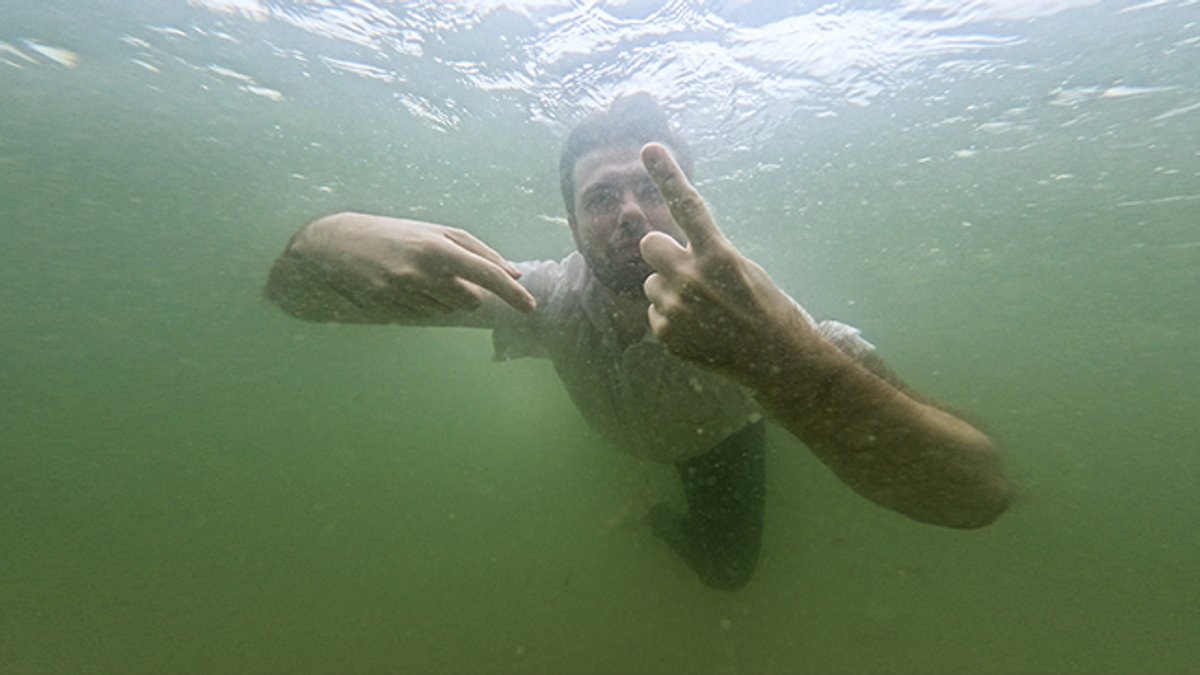 Artist Bogna Burska, during the filming of Liquid Tongues in a Warsaw swimming pool
Photo: Magda Mosiewicz
