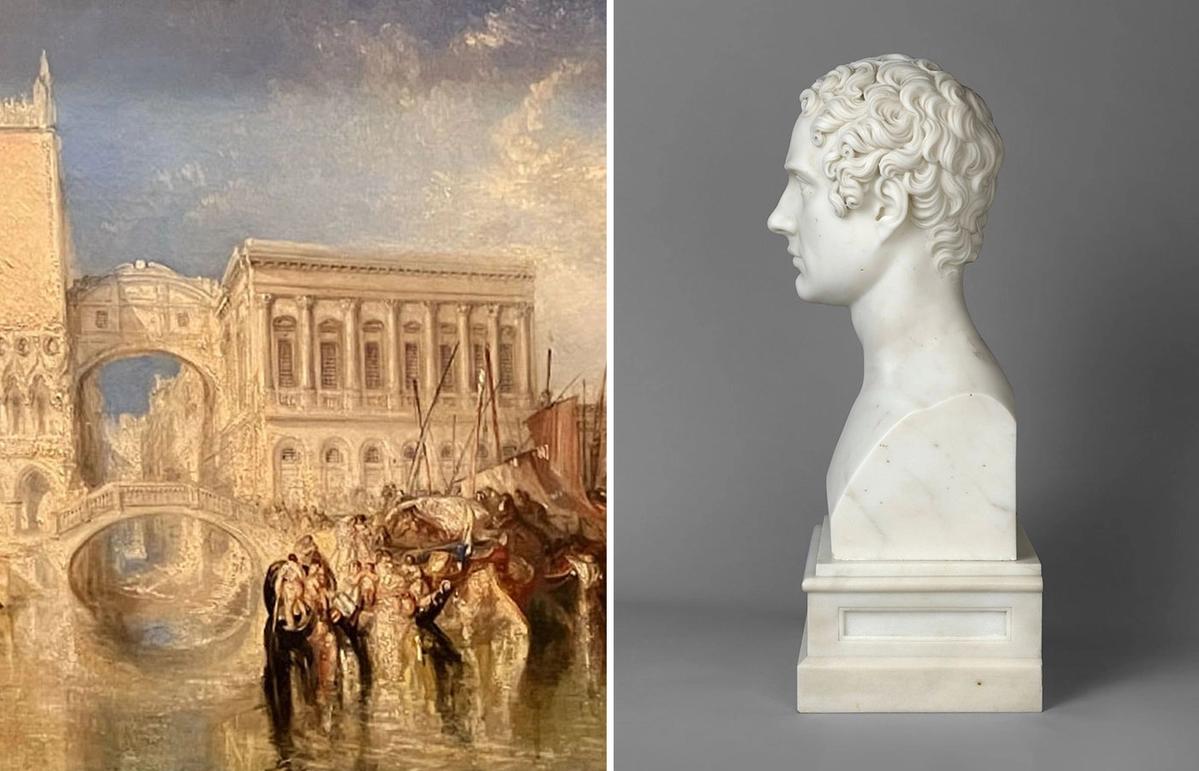 Byronic art: An 1817 bust of Lord Byron (right) by Bertel Thorvaldsen (Royal Collection) and a detail from JMW Turner's Venice, the Bridge of Sighs (Tate Britain). When Turner exhibited the picture in 1840 he displayed lines adapted from Byron's poem Childe Harold's Pilgrimage (1812-18): "I stood in Venice, on the Bridge of Sighs, A palace and a prison on each hand" Thorvaldsen bust: Royal Collection Trust / © His Majesty King Charles III 2024. Turner photograph: The Art Newspaper