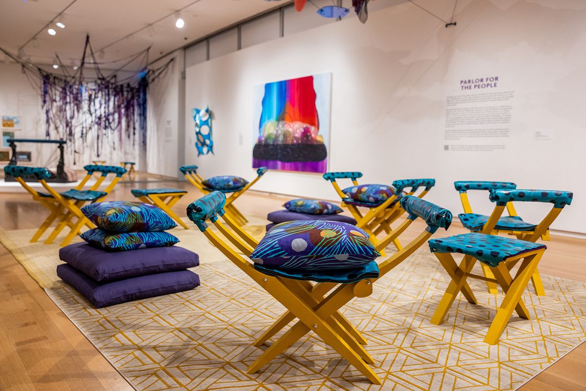 Installation view of Carrie Moyer and Sheila Pepe: Tabernacles for Trying Times at the Museum of Arts and Design, New York Photo by Jenna Bascom. Courtesy the Museum of Arts and Design