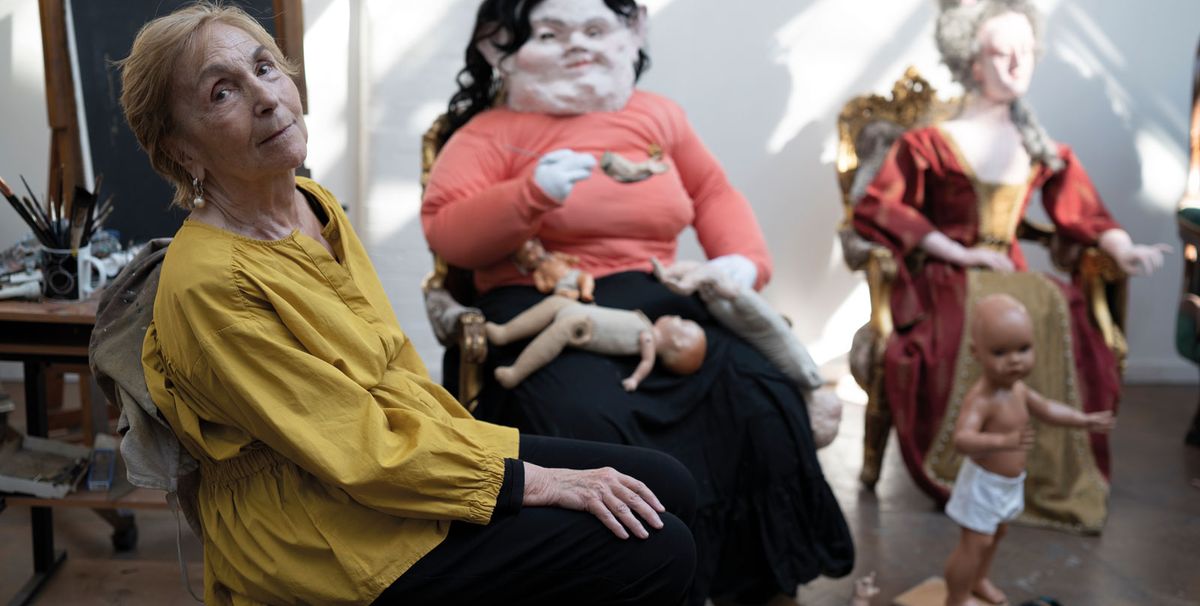 The artist in her studio, pictured with two of her Seven Deadly Sins—Gluttony and Pride photo: © Nick Willing