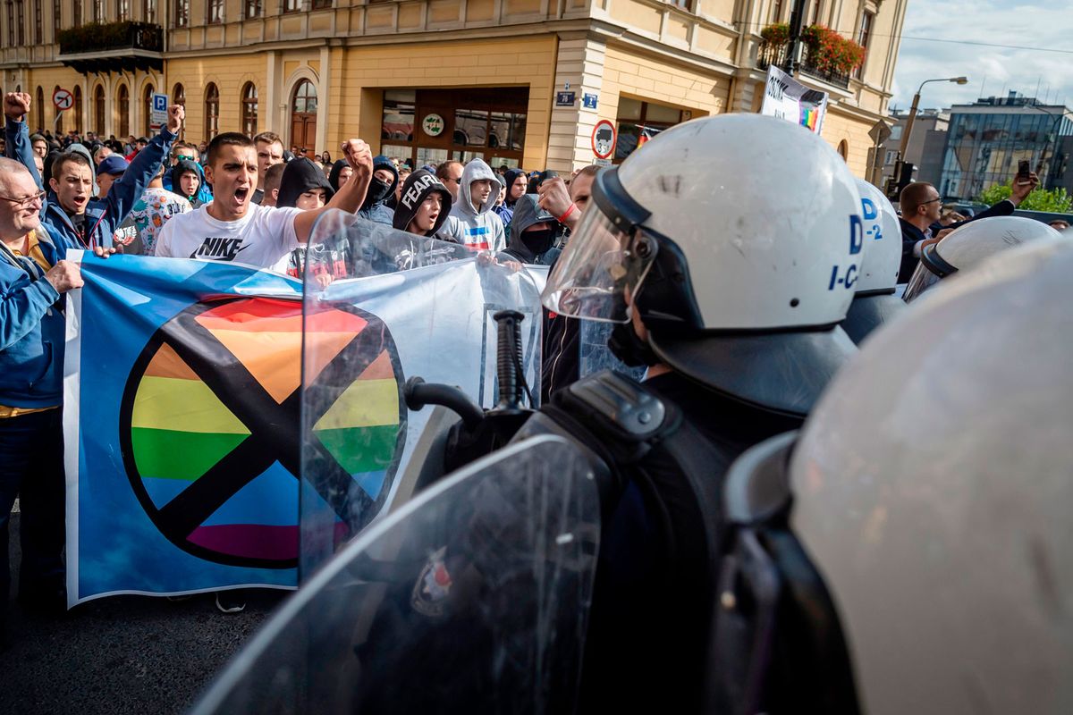 Far right extremists clash with riot police at the Gay Pride parade in Lublin, eastern Poland, on 28 September Wojtek Radwanski/AFP/Getty Images