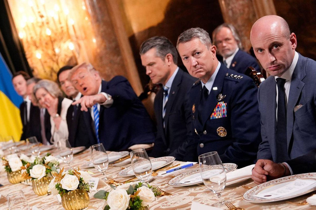 Trump’s senior adviser Stephen Miller (far right) says the world is now “governed by strength ... by force ... by power”
Associated Press/Alamy