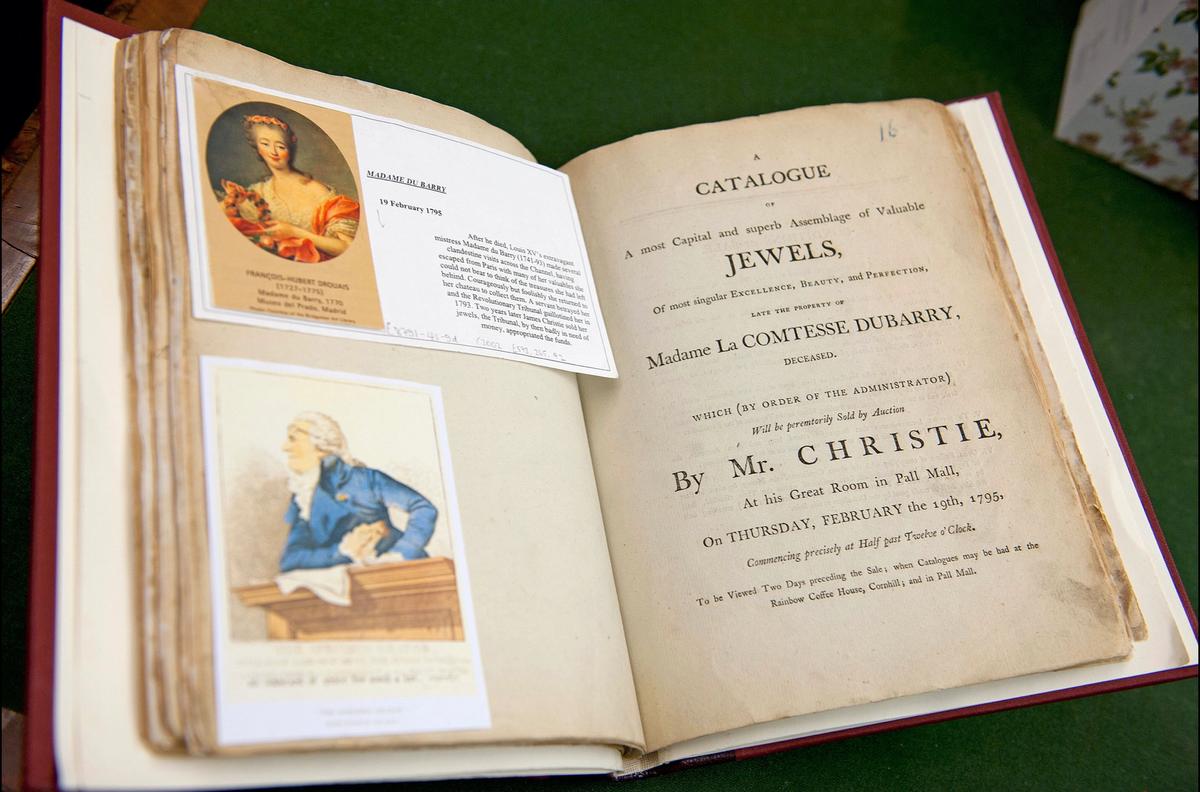 A catalogue for the sale of the Madame du Barry collection of jewels on 19 February 1795, from Christie's archive Courtesy of Christie's