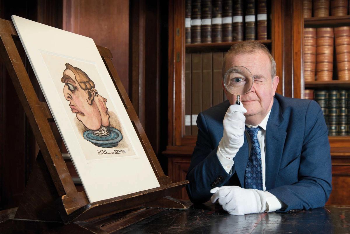 Ian Hislop in the British Museum’s Prints and Drawings Study Room J.Fernandes/D.Hubbard and Trustees of the British Museum