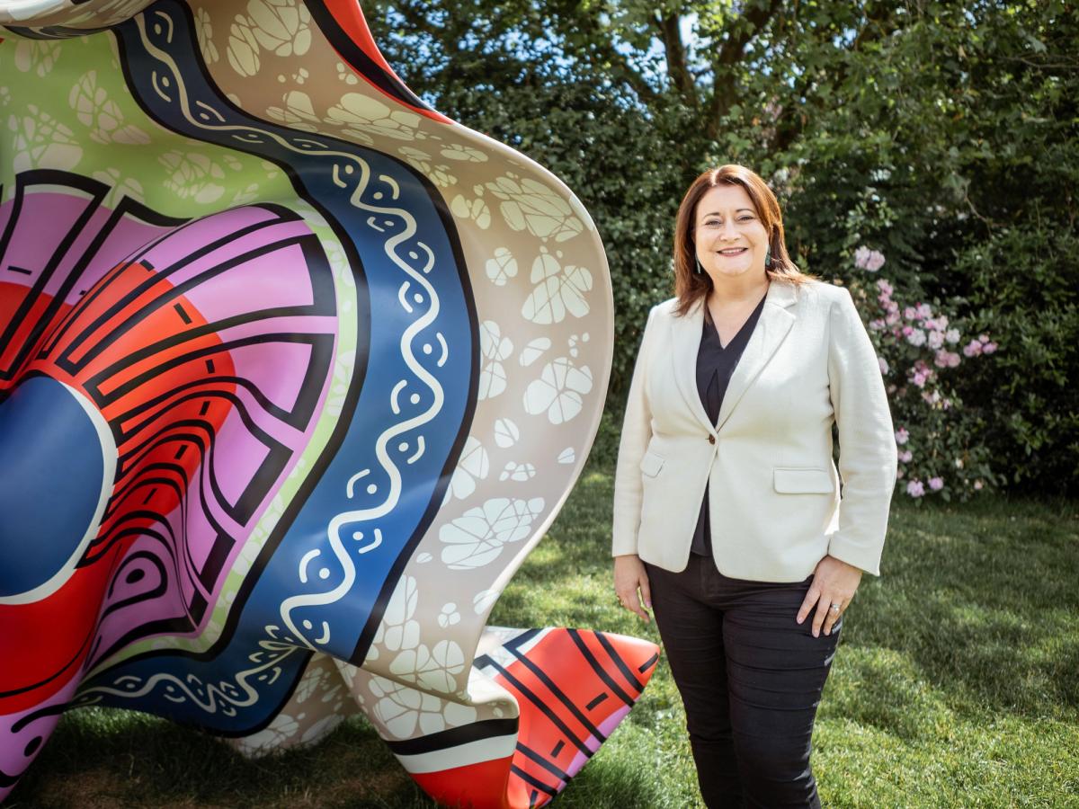 Jennifer Scott, the director of Dulwich Picture Gallery, with Yinka Shonibare CBE RA’s Material (SG) IV (2023)
Photo: Julia Hawkins