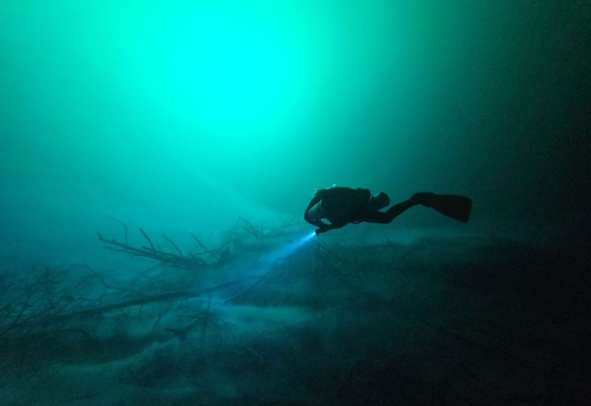 A dive in the Yaakun cenote Photo courtesy Gustavo García García, Subdirección de Arqueología Subacuática, Instituto Nacional de Antropología e Historia