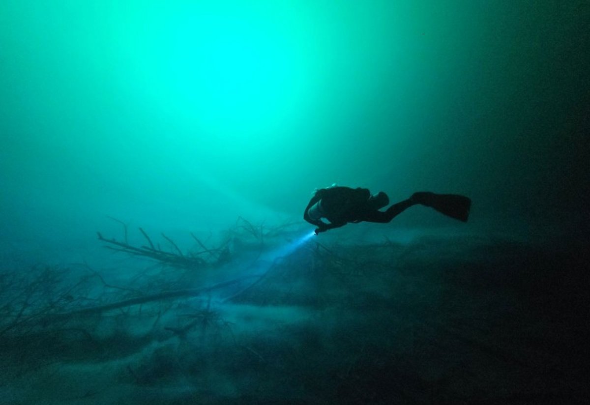A dive in the Yaakun cenote Photo courtesy Gustavo García García, Subdirección de Arqueología Subacuática, Instituto Nacional de Antropología e Historia
