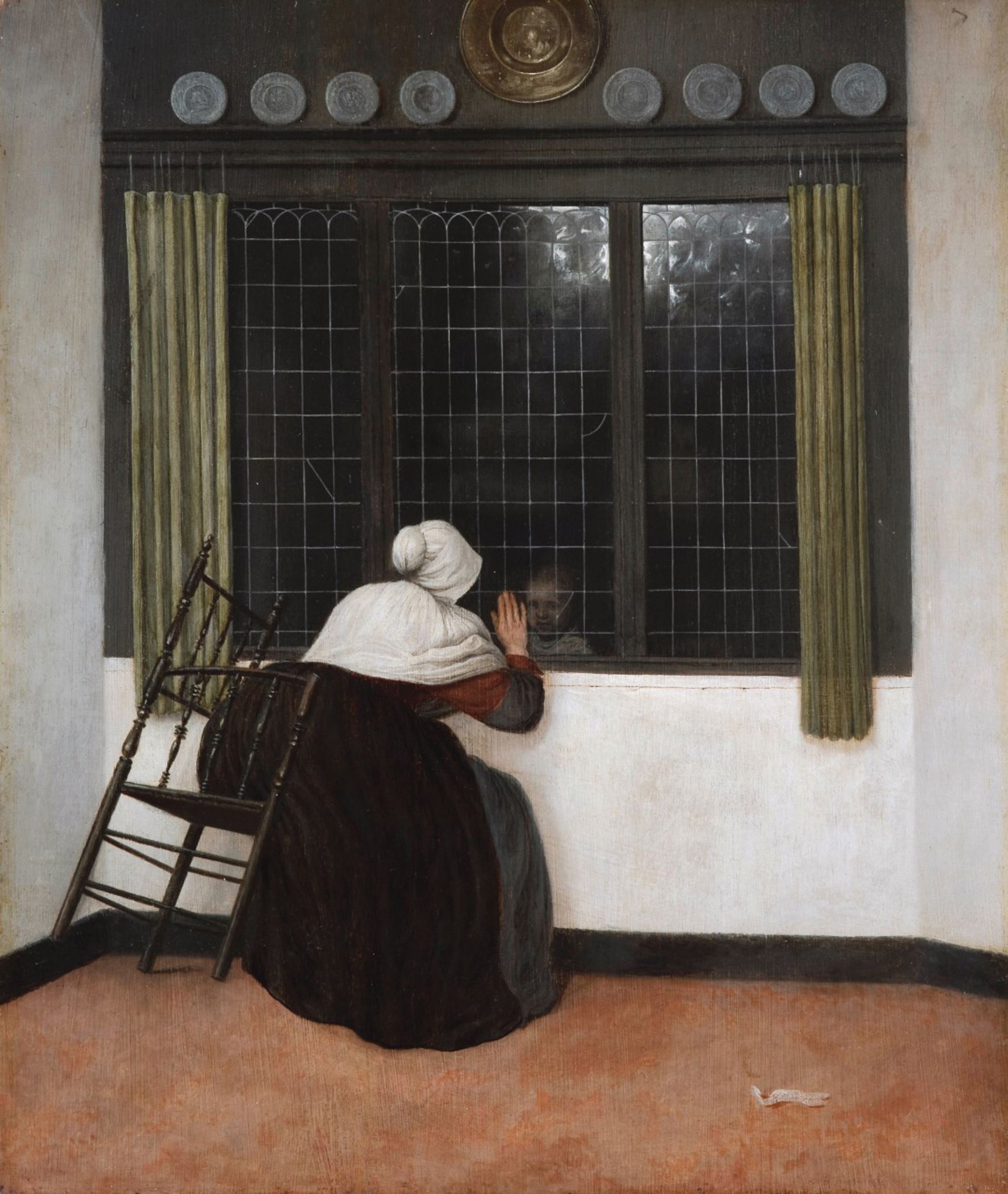 Vrel的作品专注于神秘的人物，比如坐在那里的女人透过窗户看小孩(1656年后)