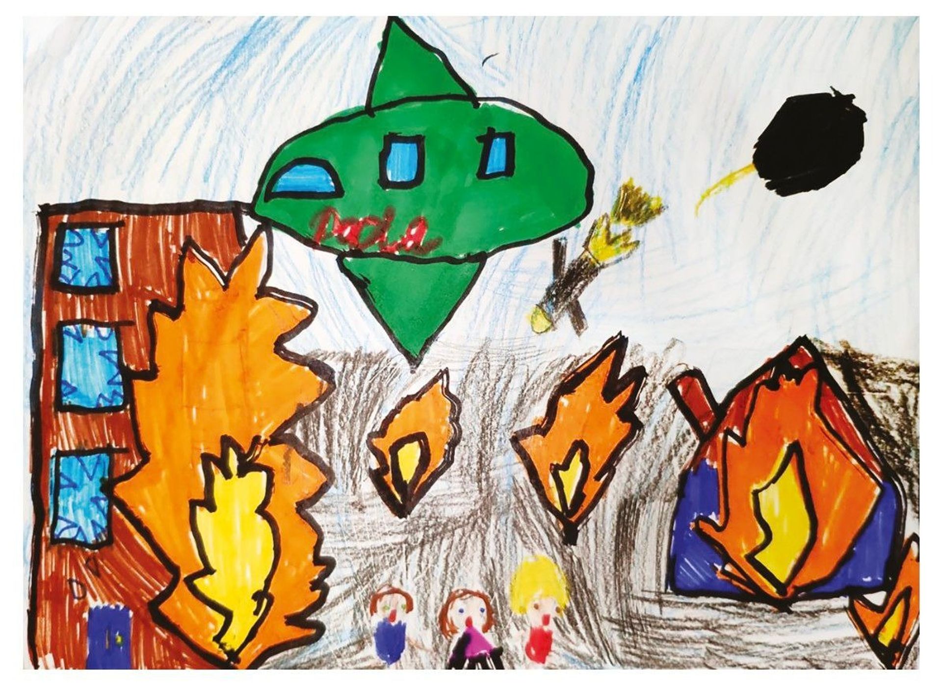 Drawing of the war in Ukraine by Daria, 9, from Kharkiv Courtesy of the "Mom, I See War" project