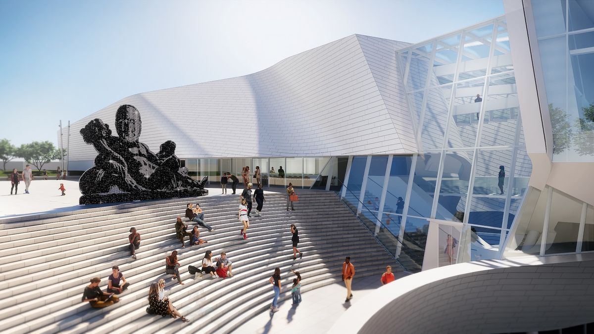 Rendering of Of many waters… (2022) by Sanford Biggers on the sculpture terrace of the Orange County Museum of Art, opening to the public in October 2022 Credit: Morphosis