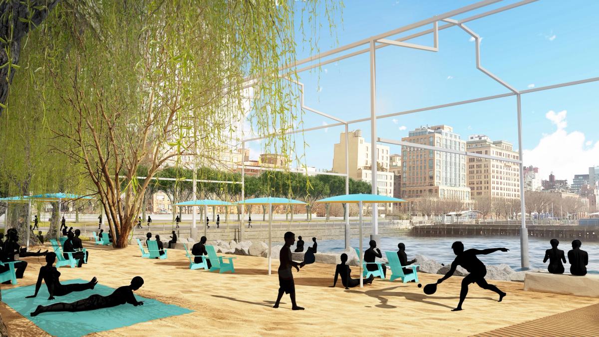 The new 5.65-acre park on Gansevoort Peninsula will include a miniature beachfront and river access under David Hammons's Day's End installation Credit: James Corner Field Operations, courtesy of the Hudson River Park Trust