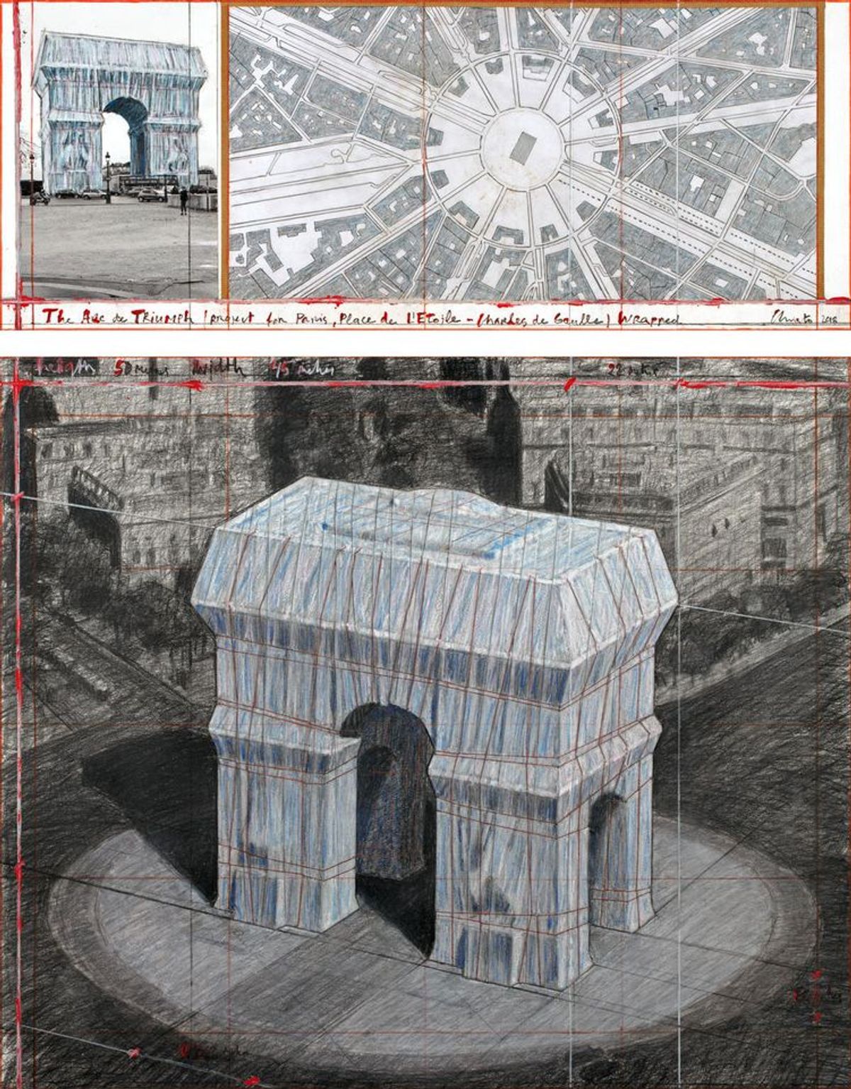 Christo's collage The Arc de Triumph (Project for Paris, Place de l'Etoile – Charles de Gaulle) Wrapped (2018) Photo: André Grossmann; © 2018 Christo