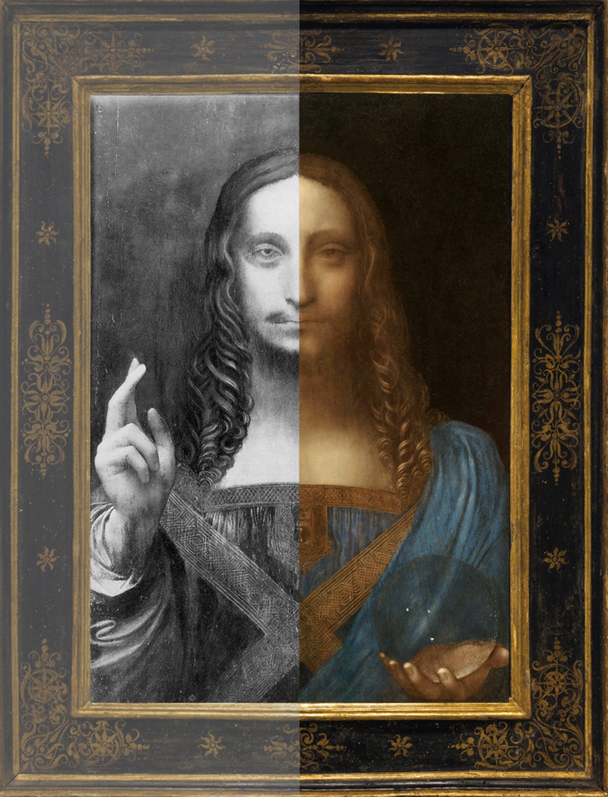The Salvator Mundi before restoration, on the left, and after restoration, on the right