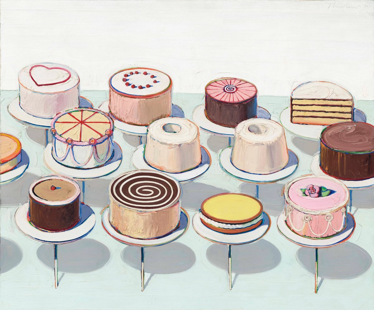 Thiebaud took inspiration for the forms, colours and composition of works such as Cakes (1963) from artists including Édouard Manet, Paul Cézanne and Josef Albers © Wayne Thiebaud/VAGA at ARS, New York and DACS, London 2025. Image courtesy of National Galelry of Art, Washington, DC