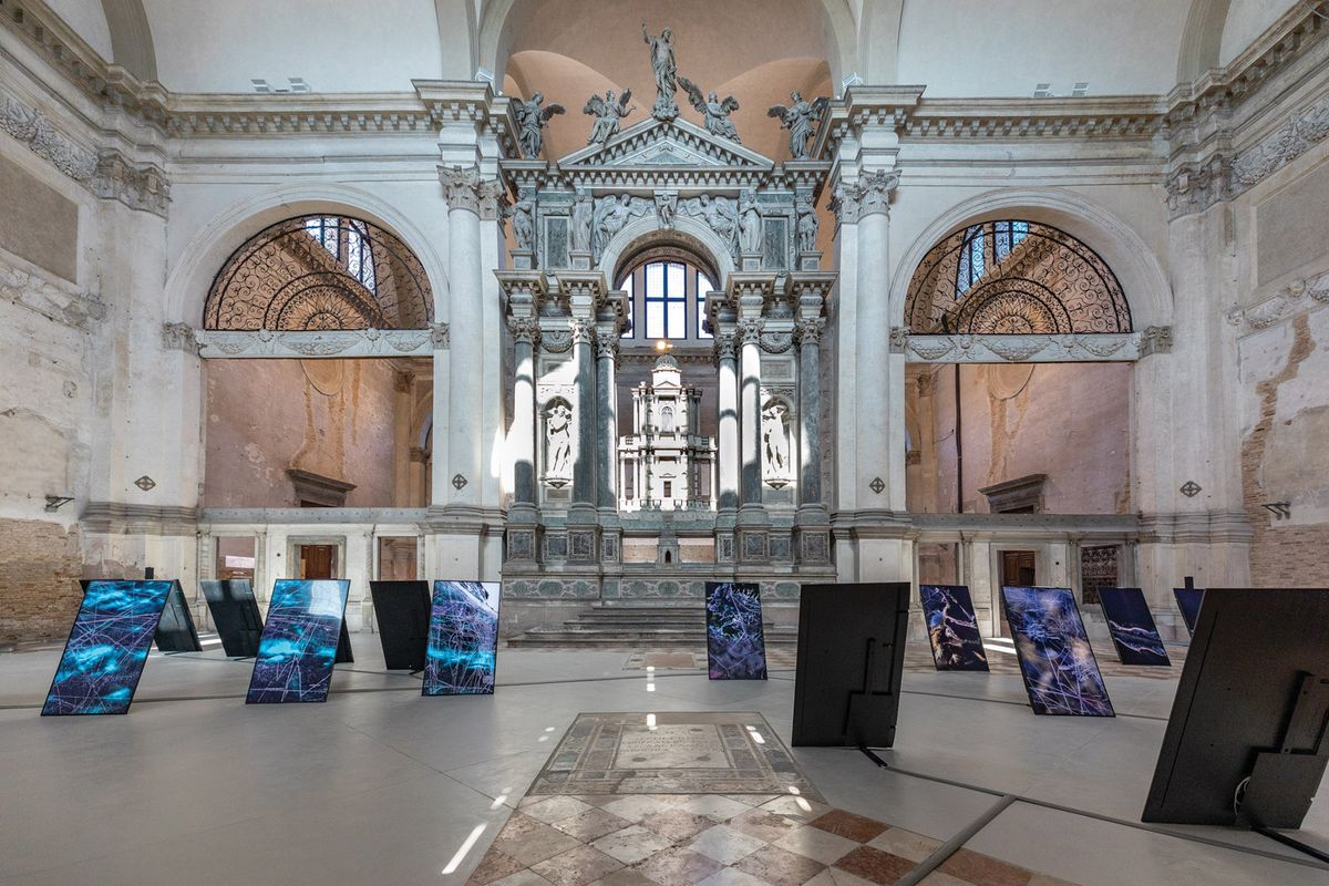 An installation by the architectural group Territorial Agency visualises global sea-level rise at Ocean Space in Venice, itself at risk of severe flooding by 2100 Photo: Enrico Fiorese