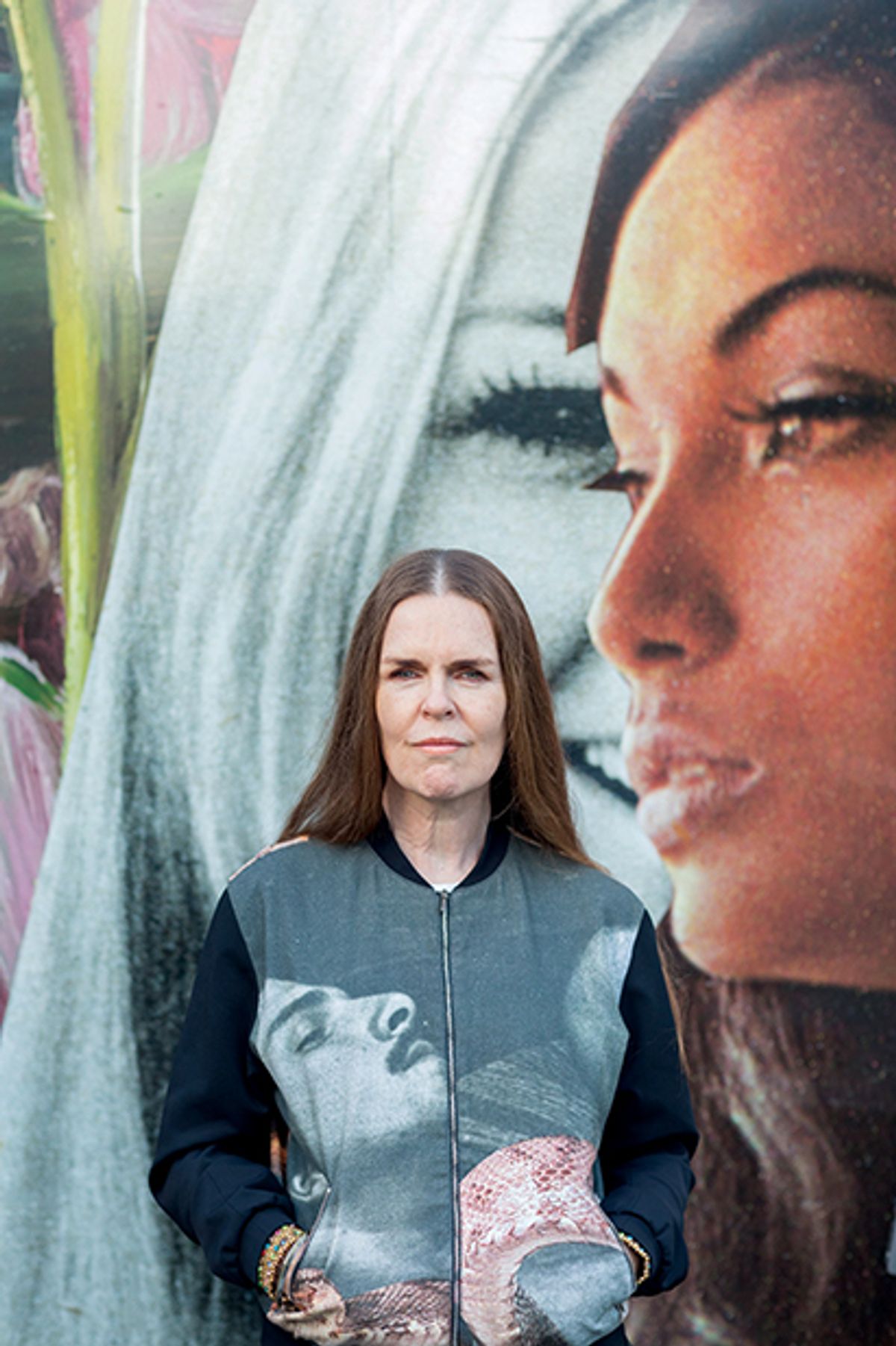 Linder in front of her Southwark station commission for Art on the Underground in 2018 © Photo by Benedict Johnson