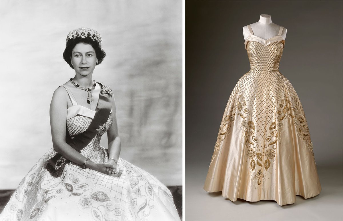 The monarch as performance artist: Queen Elizabeth II photographed by Baron in 1956, and one of her evening dresses, from the same year, by Norman Hartnell © Royal Collection Enterprises Limited 2025 | Royal Collection Trust