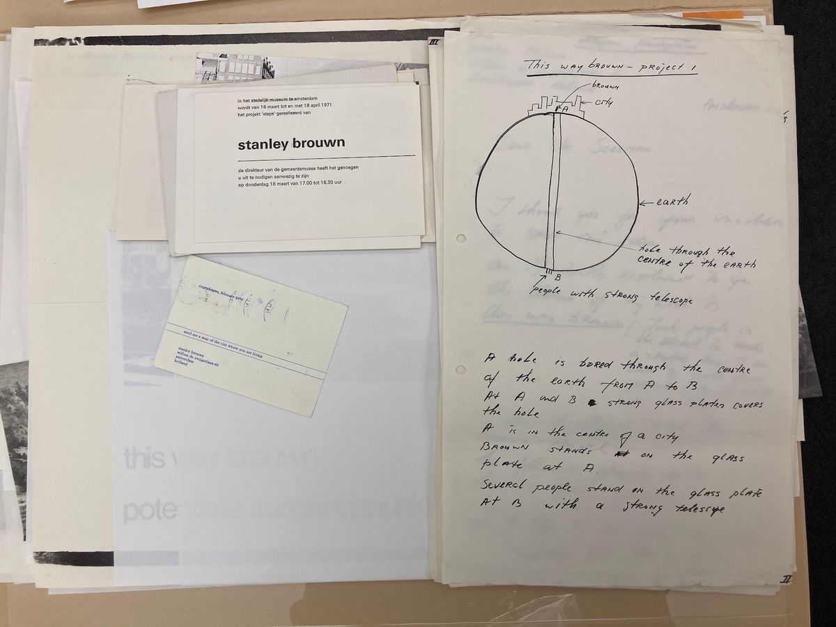 Curator Harald Szeemann’s archive at the Getty Research Institute has a 1969 letter from Stanley Brouwn with four proposals for impossible artworks, including this telescope project Jori Finkel