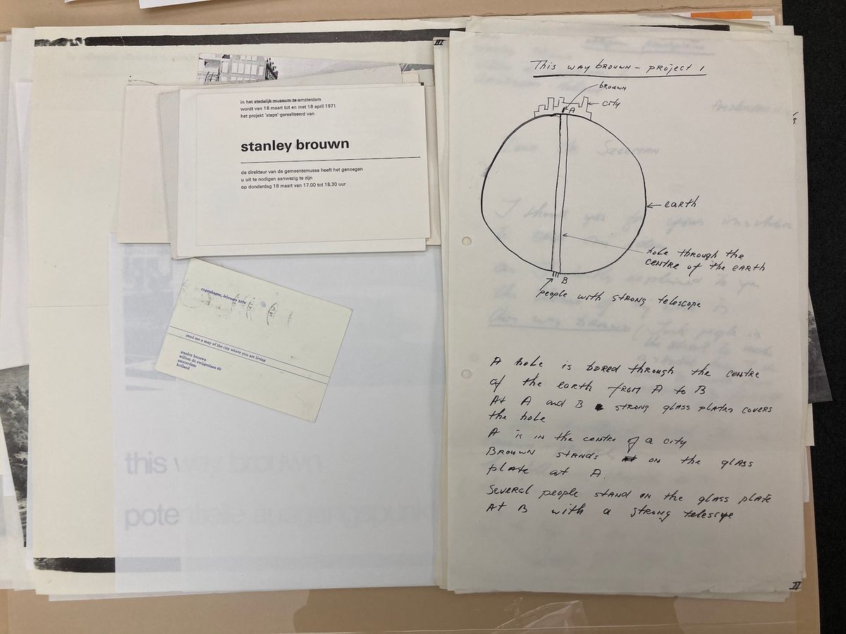 Curator Harald Szeemann’s archive at the Getty Research Institute has a 1969 letter from Stanley Brouwn with four proposals for impossible artworks, including this telescope project Jori Finkel
