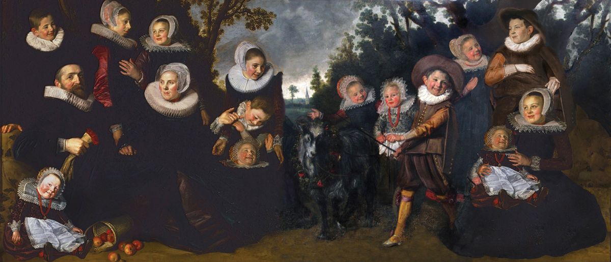 A mock-up of how Hals’s portrait might have originally looked, including two imagined figures (lower right) of the missing children © Liesbeth De Belie and Catherine van Herck