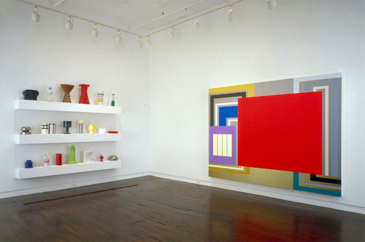 Installation view of a 1995 exhibition at Jay Gorney Modern Art in New York featuring works by Peter Halley and Ettore Sottsass Courtesy of Jay Gorney