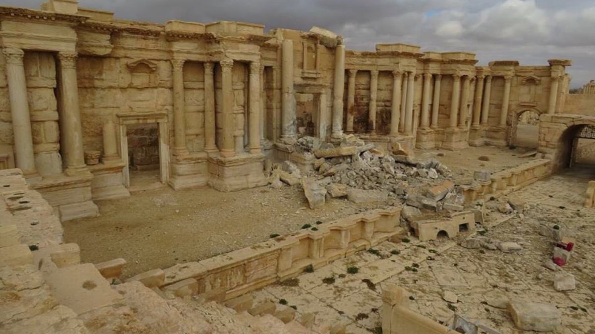 Damage caused by Islamic State at Palmyra's Roman theatre after the city was retaken by Syrian and Russian forces in March 2017 Syrian Ministry of Culture, Directorate-General of Antiquities and Museums