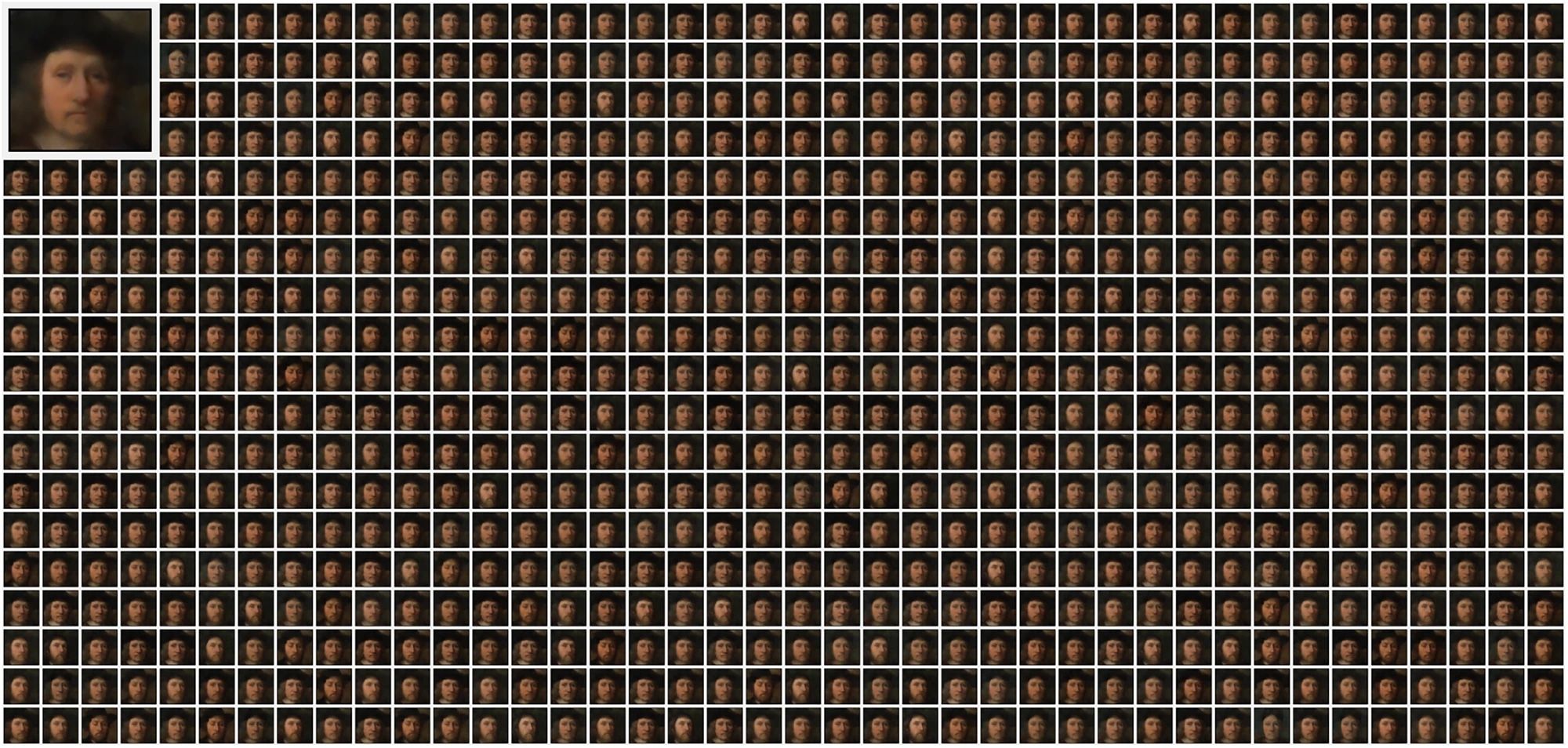 An image from Zheng Dai and David K. Gifford's study. The image at top left was generated by a model trained on public domain artwork created by 744 artists. Alongside are shown all the images that would have been generated had any one of the 744 artists been omitted from the training set Courtesy Zheng Dai, David K. Gifford and Nature Communications