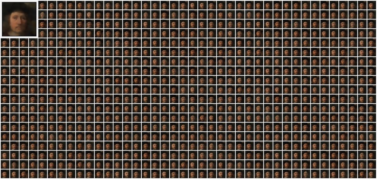An image from Zheng Dai and David K. Gifford's study. The image at top left was generated by a model trained on public domain artwork created by 744 artists. Alongside are shown all the images that would have been generated had any one of the 744 artists been omitted from the training set Courtesy Zheng Dai, David K. Gifford and Nature Communications